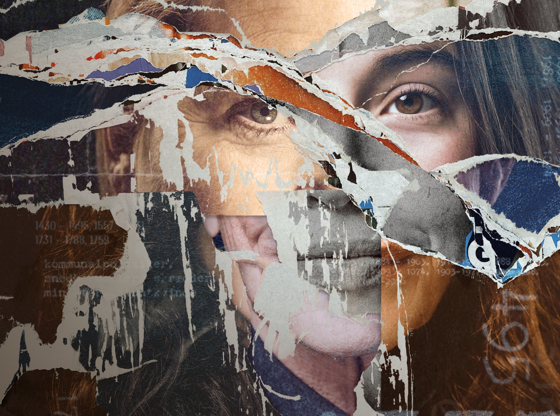 Decoupagebillede af flere forskellige kvindeansigter sat sammen. Fra forestillingen Kvinde kend din historie på Odense Teater