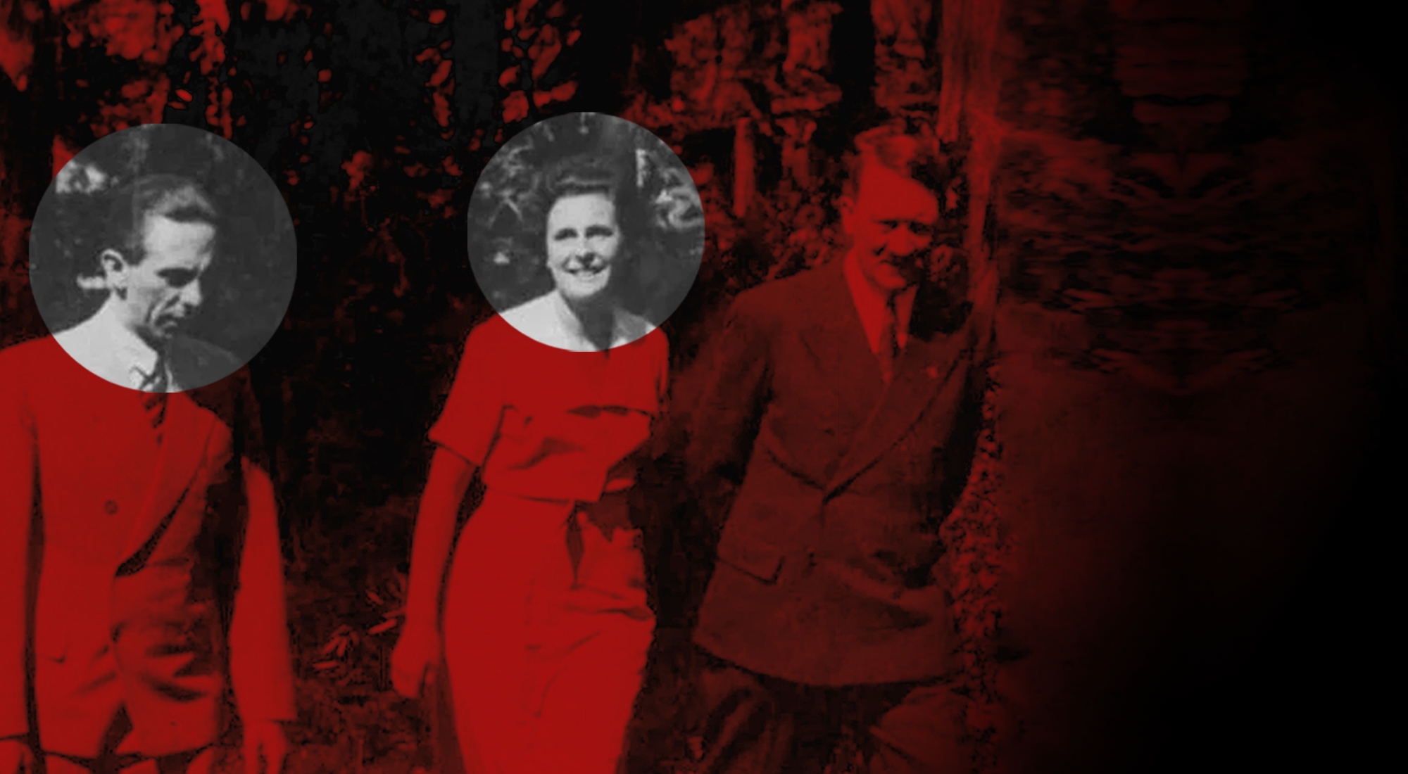 Et gammelt fotografi af højtstående personer fra 2. verdenskrig. Sort-hvid med toner af rødt.