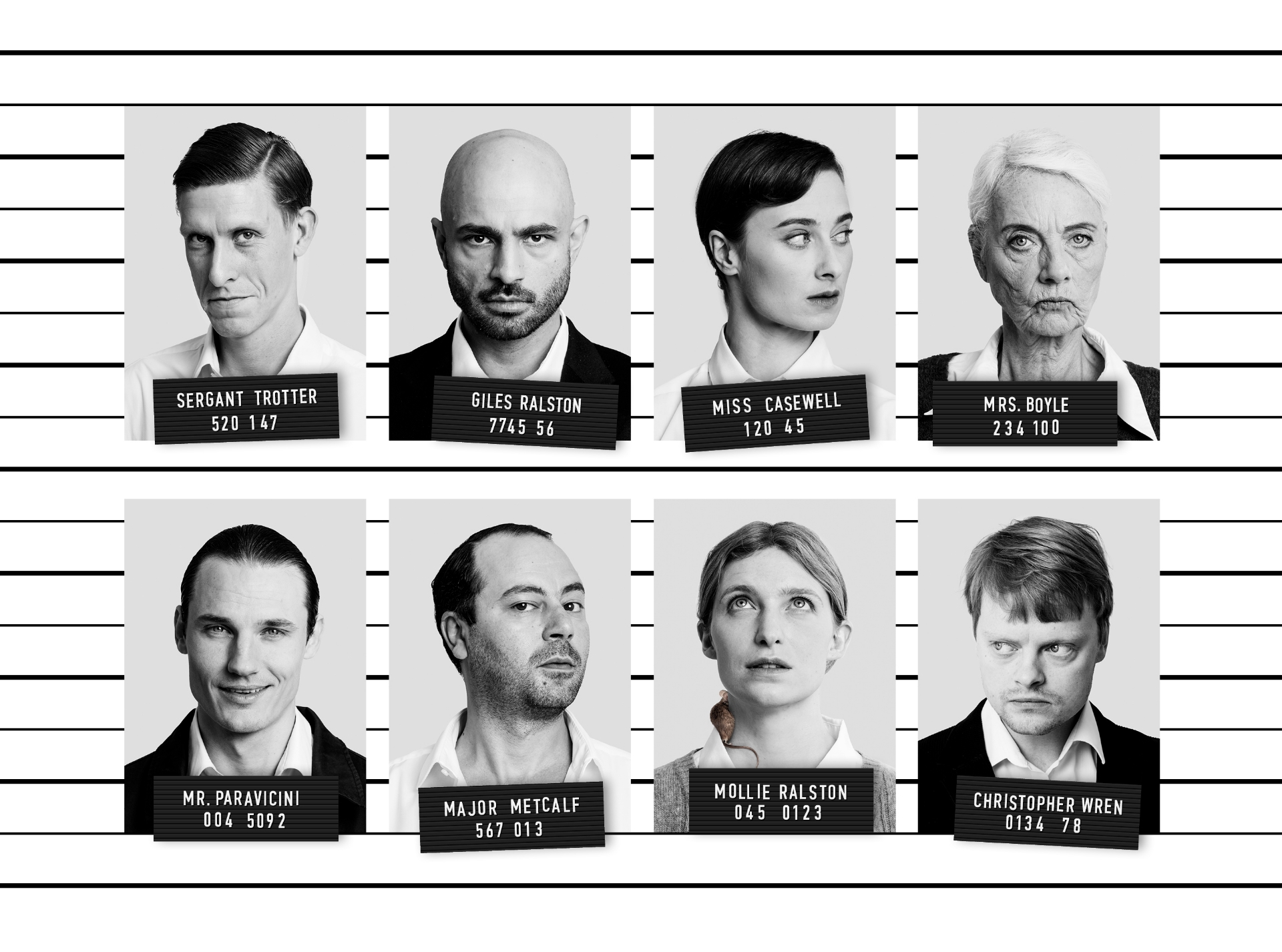 8 portrætter i sort-hvid er sat op på en baggrund som er de forbryderbilleder. Fra teaterforestillingen Musefælden. 