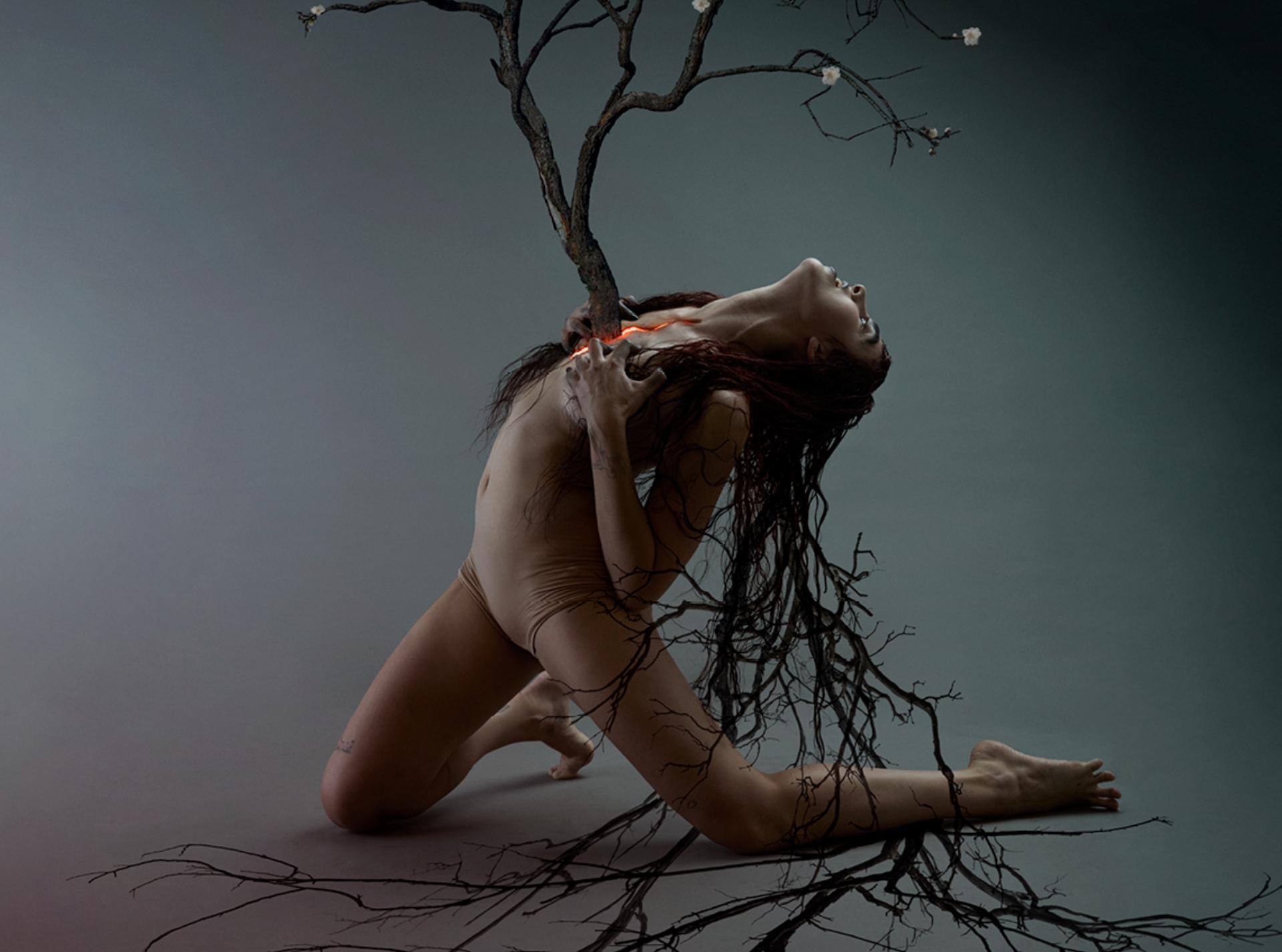 En nøgen kvinde på knæ. Bøjet bagover med et træ der vokser ud af brystet. Fra danseforestillingen Faust