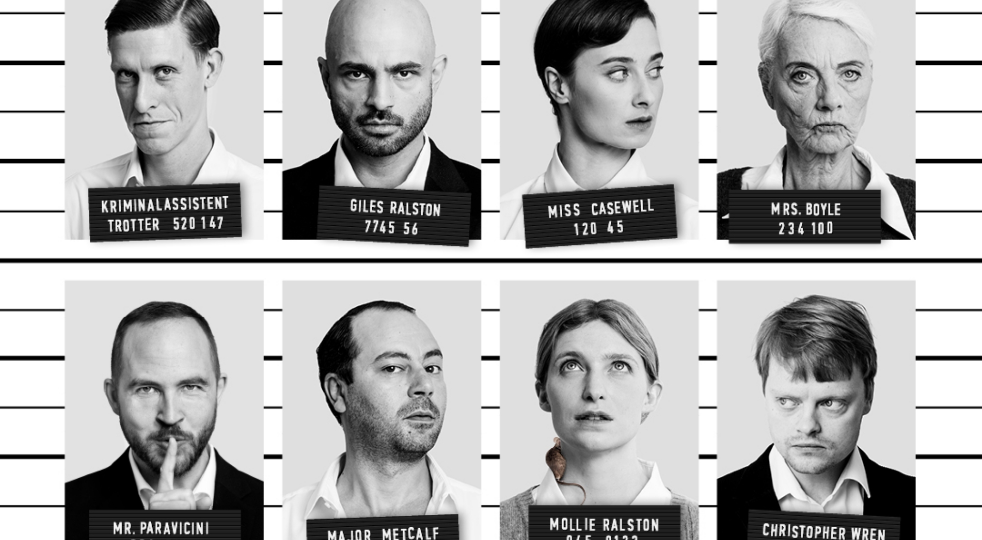 8 portrætter i sort-hvid er sat op på en baggrund som er de forbryderbilleder. Fra teaterforestillingen Musefælden. 
