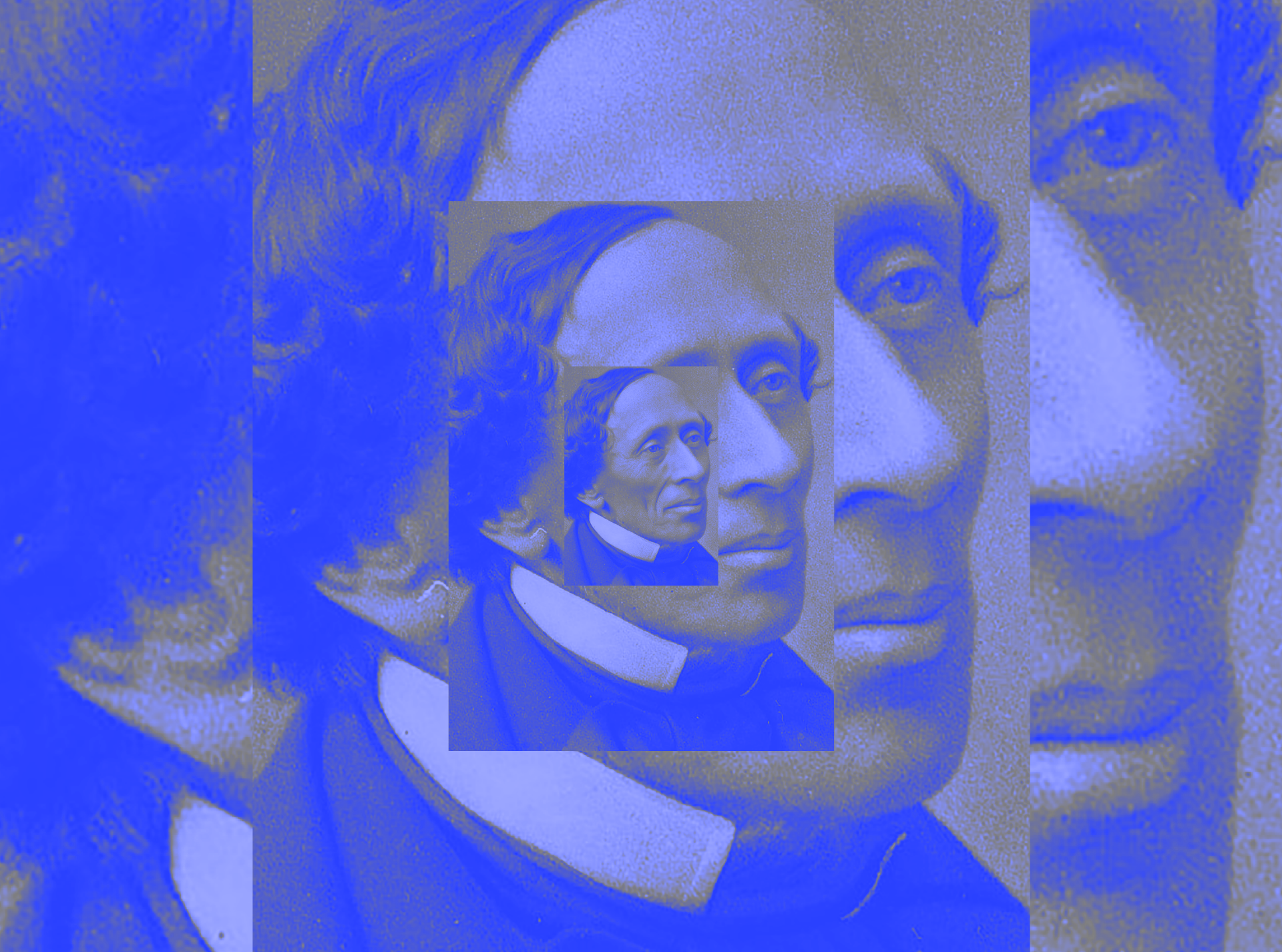 Billedecollage i blå toner af H.C. Andersen. 