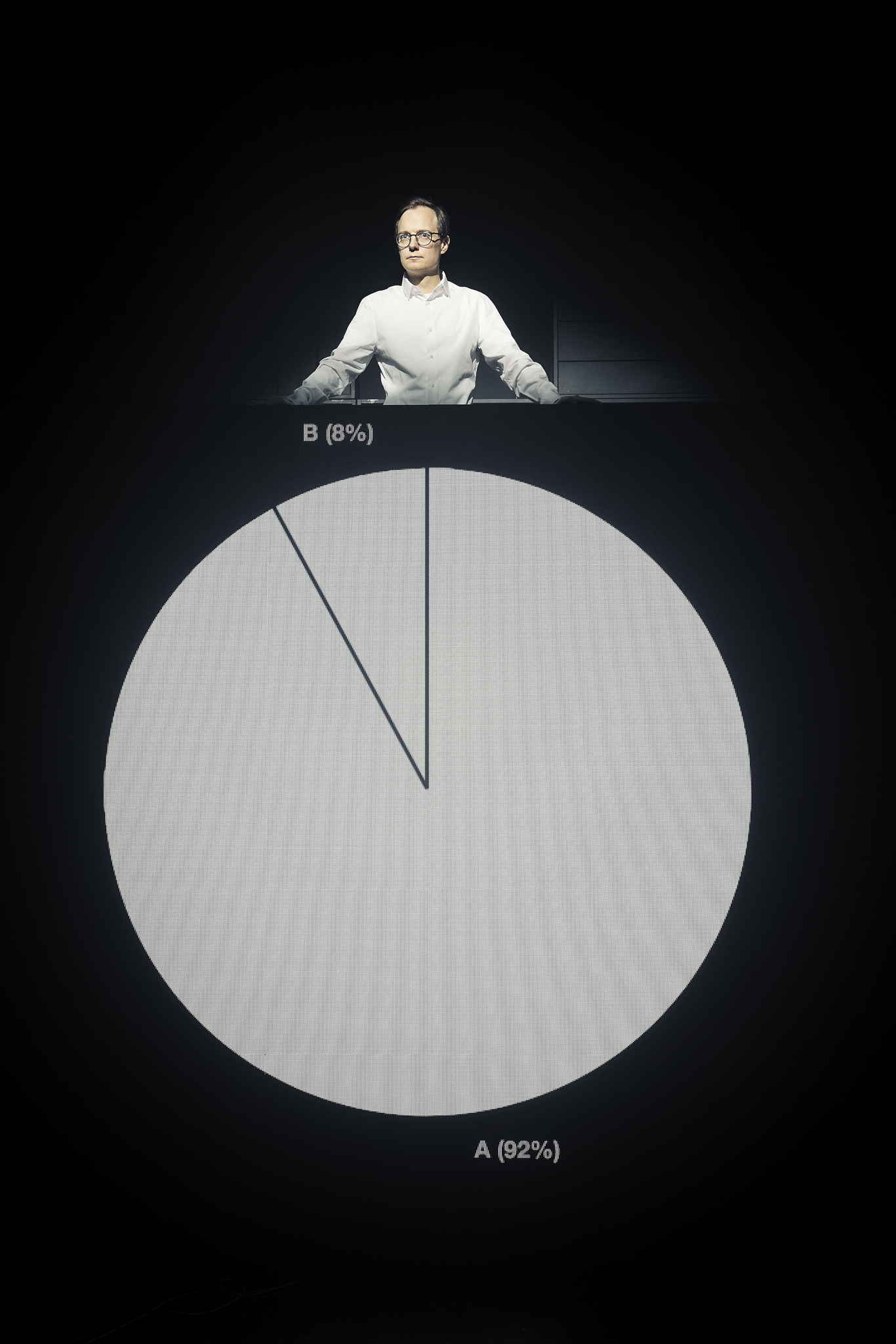 En mand i hvid skjorte står bag en meget stor skærm med et lagkagediagram. Man kan kun se hans overkrop. Fra forestillingen AI know you på Odense Teater