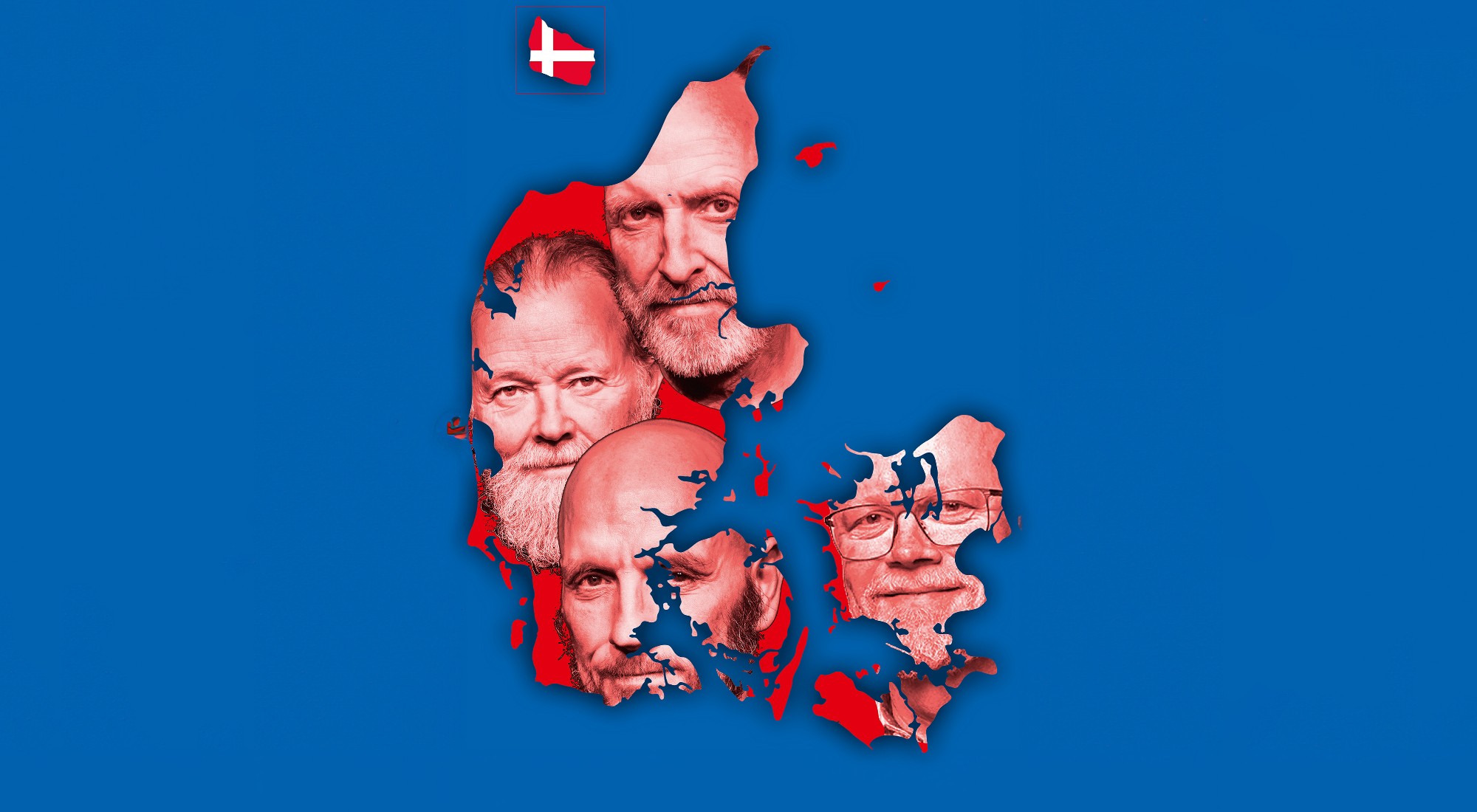 Et billede af et danmarkskort på blå baggrund. I danmarkskortet er 4 ansigter sat ind på rød baggrund. Fra forestillingen Et CV over Danmark